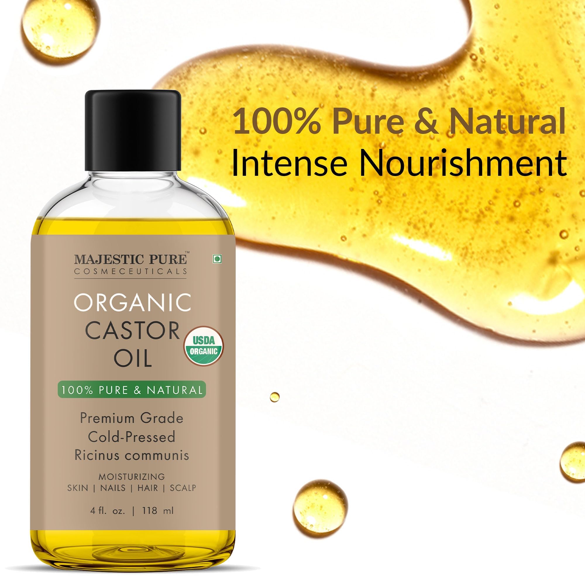 Majestic Pure castor oil for eyelashes-eyebrows care shows precise application in beauty routines.