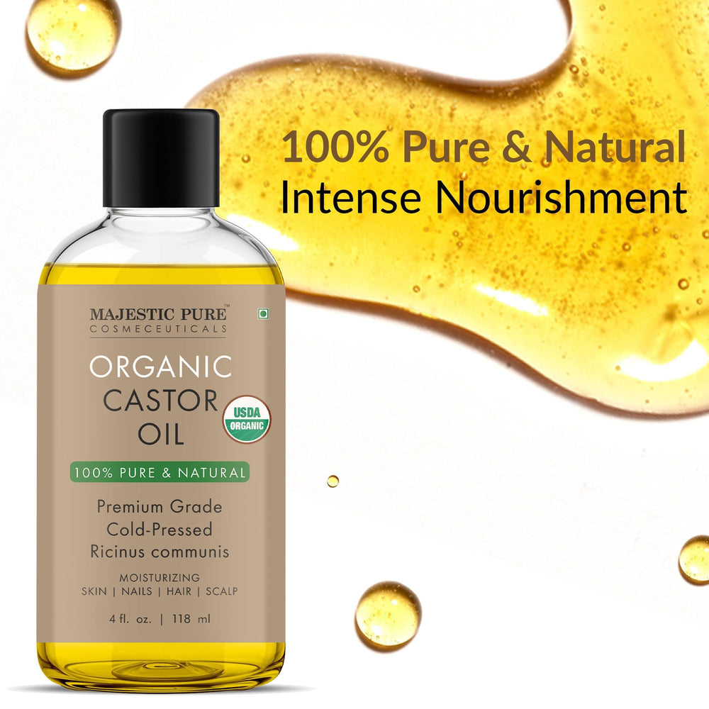Majestic Pure castor oil for eyelashes-eyebrows care shows precise application in beauty routines.