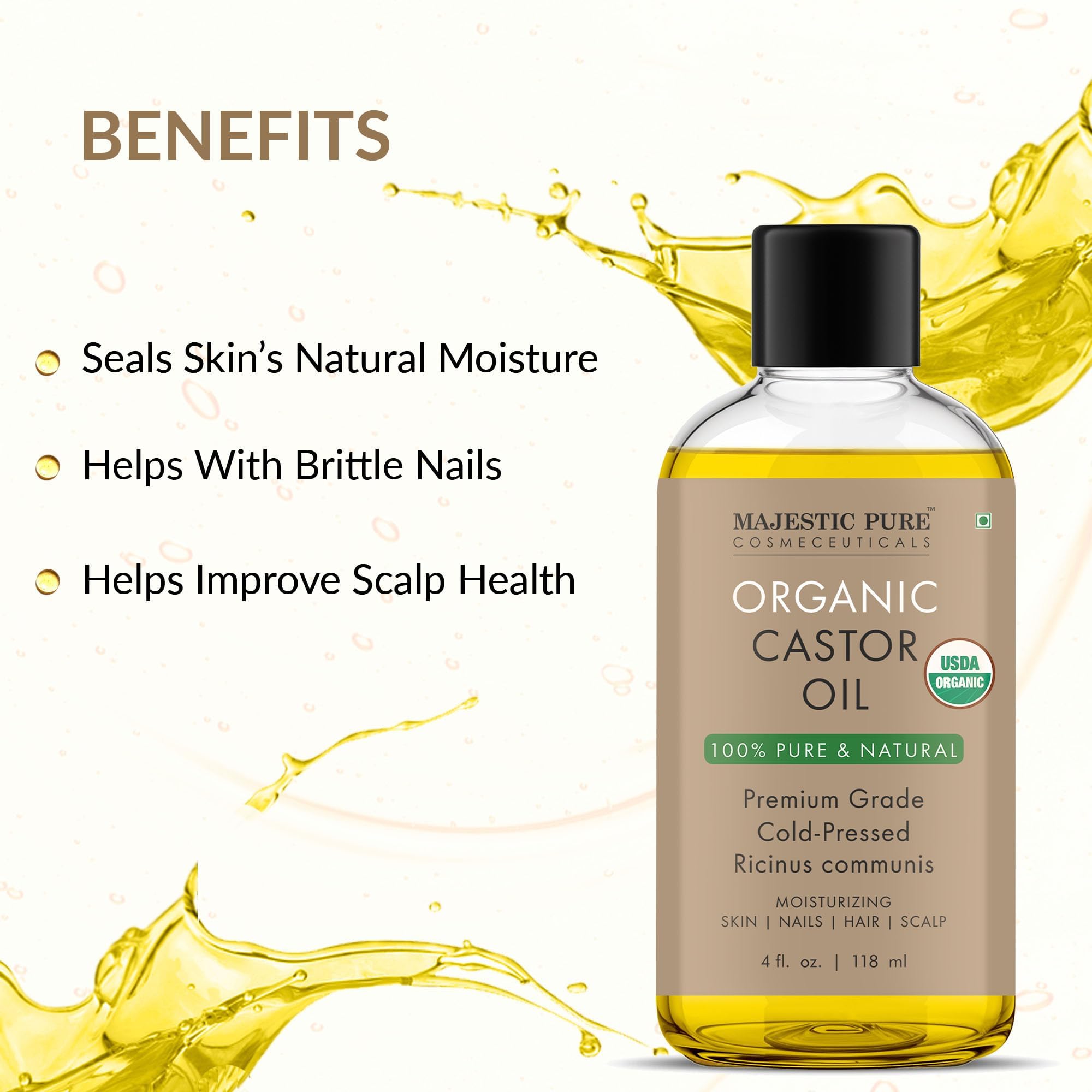 Majestic Pure castor oil for hair use image indicates shine and nourished-looking strands.