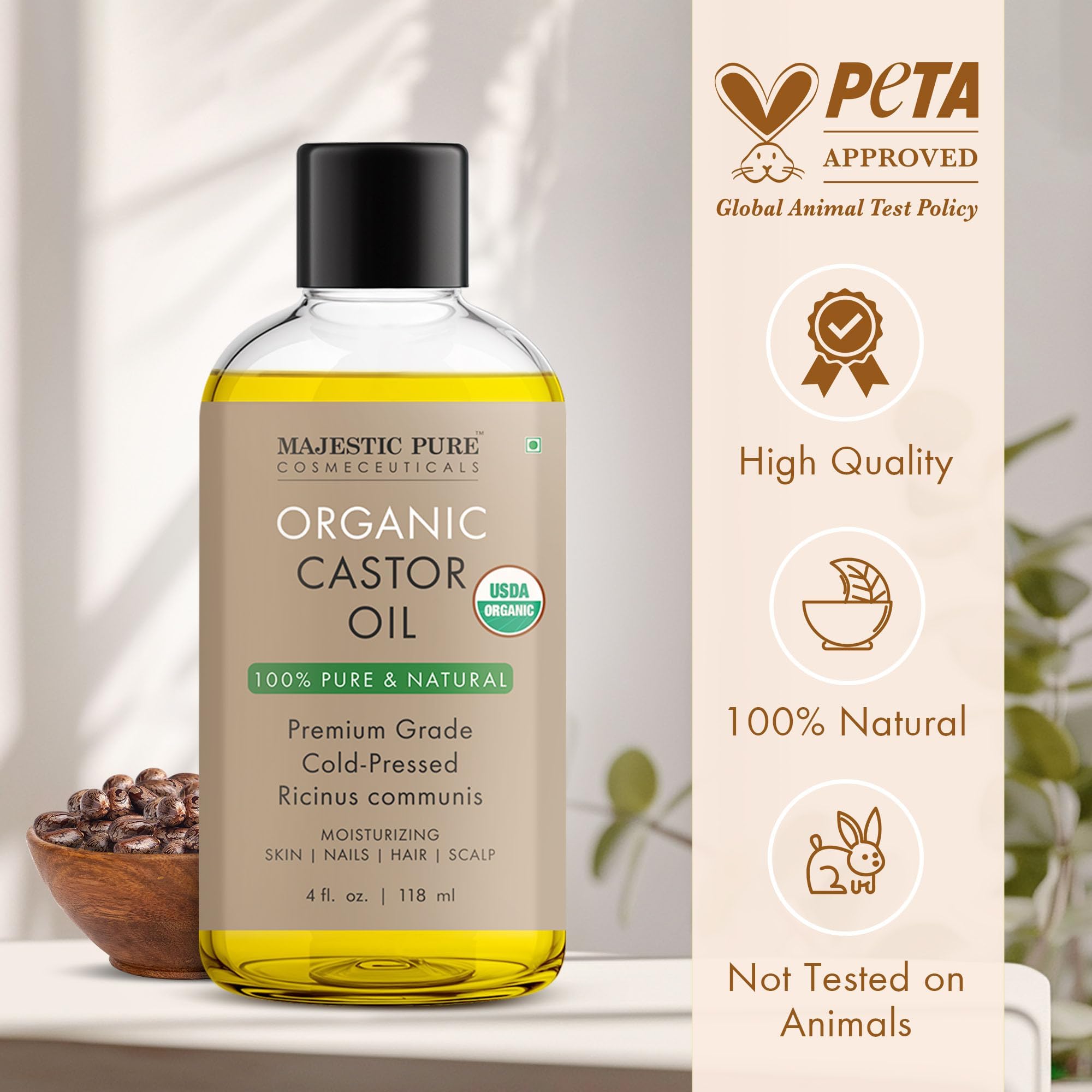 Majestic Pure castor oil pump bottle shows easy, mess-free application for skincare routines.