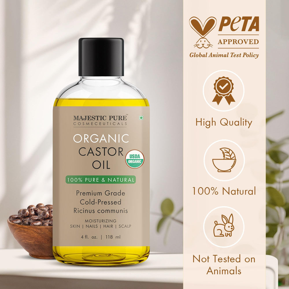 Majestic Pure castor oil pump bottle shows easy, mess-free application for skincare routines.