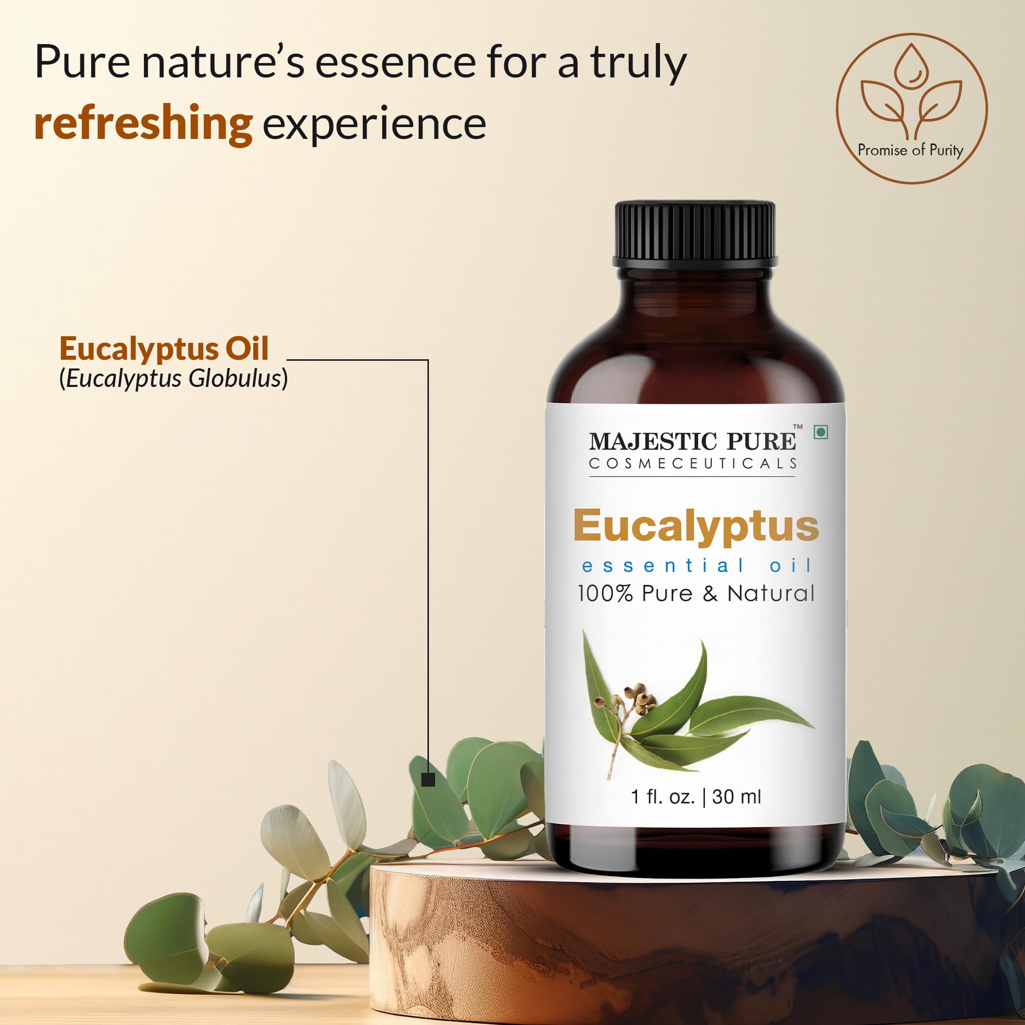 Majestic Pure eucalyptus essential oil in amber glass preserves aroma and quality.