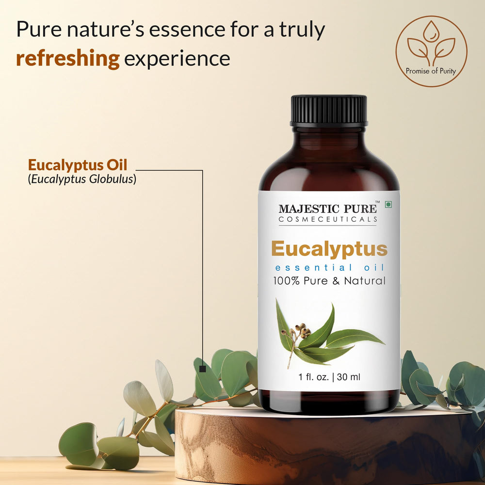 Majestic Pure eucalyptus essential oil in amber glass preserves aroma and quality.