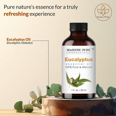 Majestic Pure eucalyptus essential oil in amber glass preserves aroma and quality.