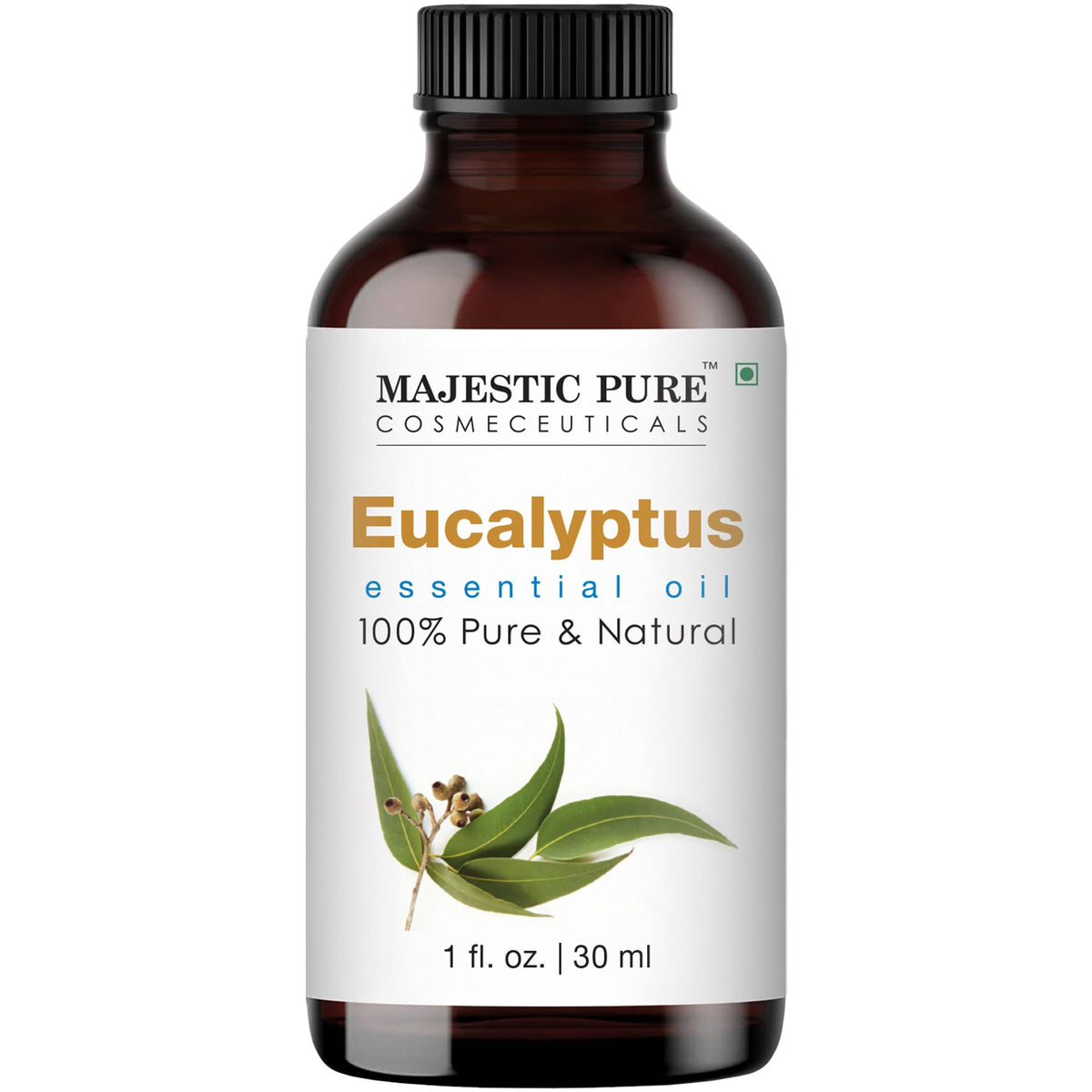 Majestic Pure eucalyptus essential oil bottle delivers a crisp aroma for diffusers and relaxation.