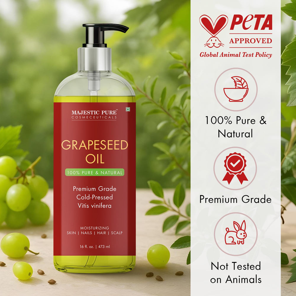 Majestic Pure grapeseed oil used as body massage oil for softness.