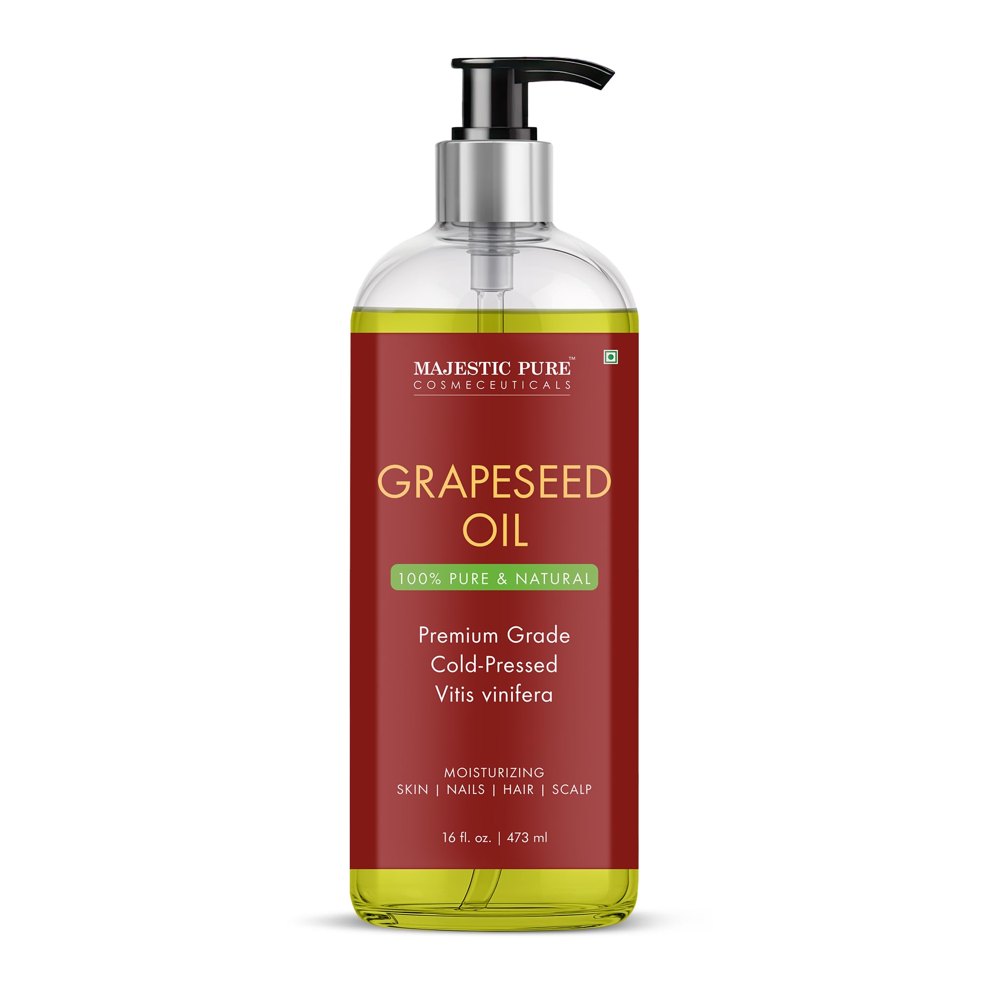Majestic Pure grapeseed oil bottle closeup for skin hydration and hair care.