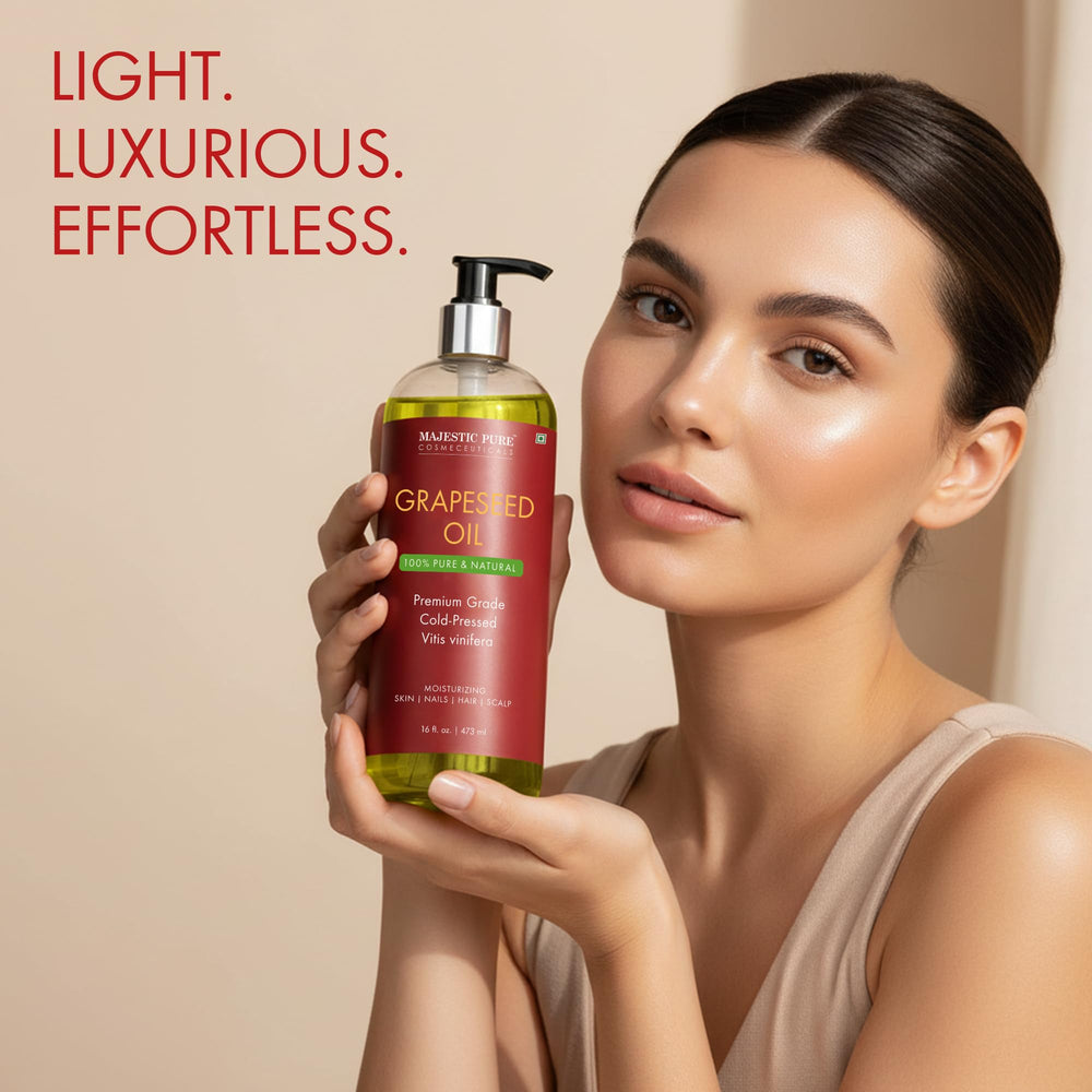 Majestic Pure grapeseed oil label highlights cold-pressed purity.