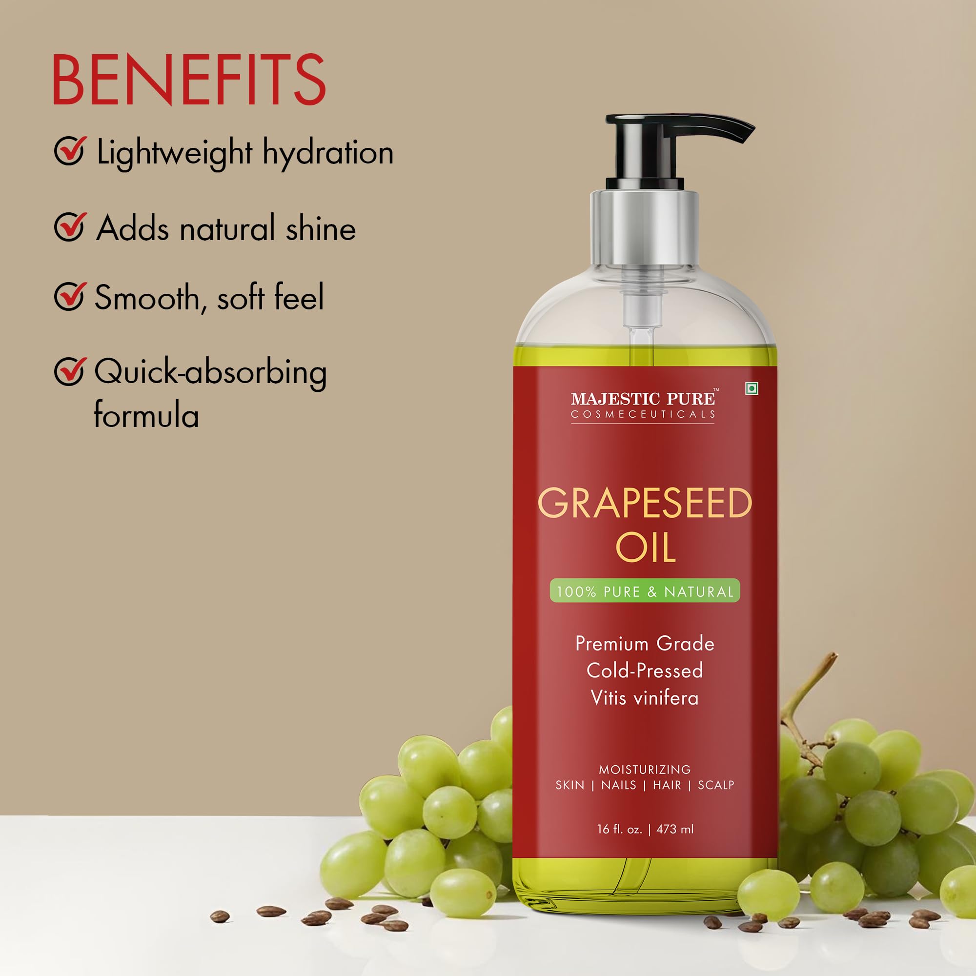 Majestic Pure grapeseed oil ideal for DIY skincare recipes.