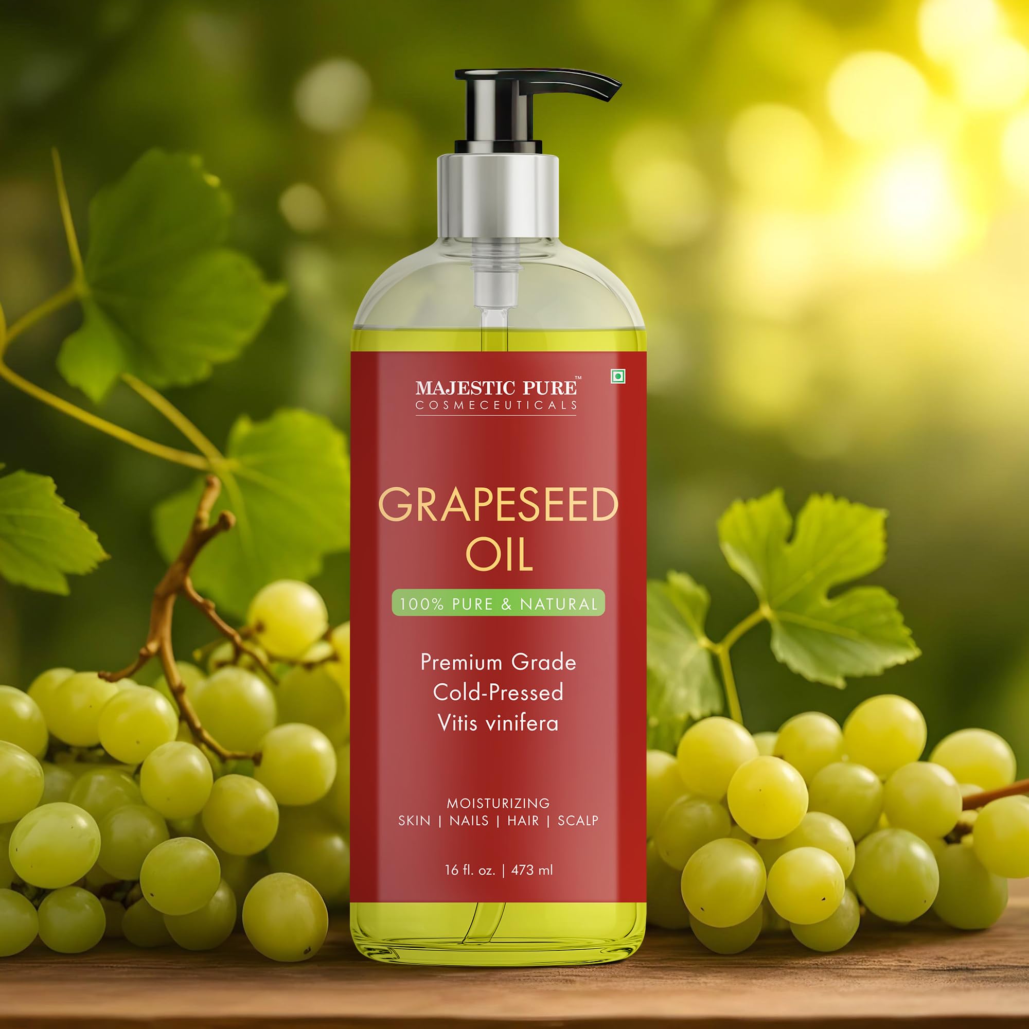 Majestic Pure grapeseed oil applied to skin for daily moisture.