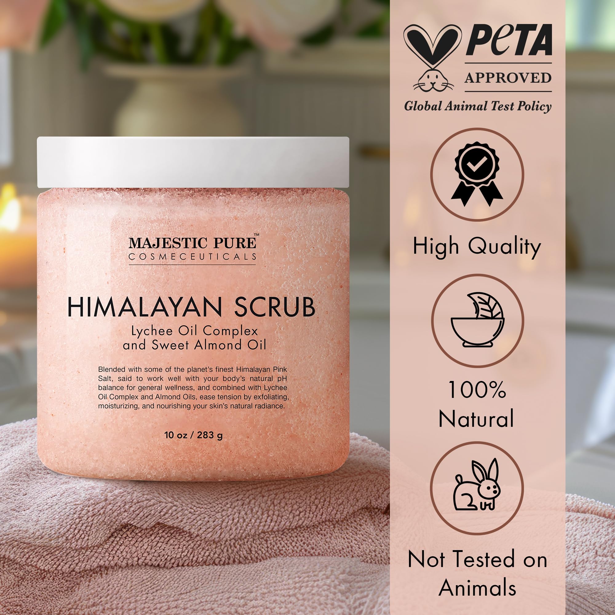 Majestic Pure Himalayan Salt Scrub applying on skin for refreshing exfoliation.