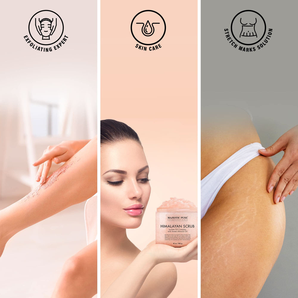 Lychee oil bottle beside Majestic Pure scrub hints at spa-like ritual.