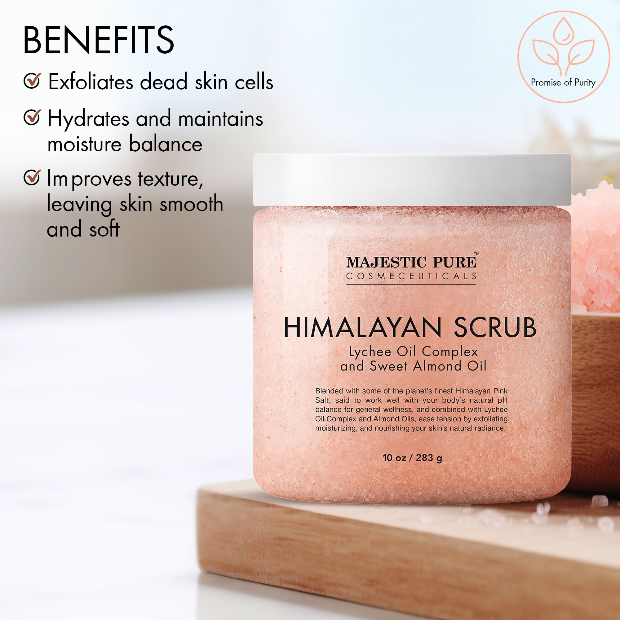 Majestic Pure Himalayan Salt Scrub packaging highlights natural ingredients and premium quality.
