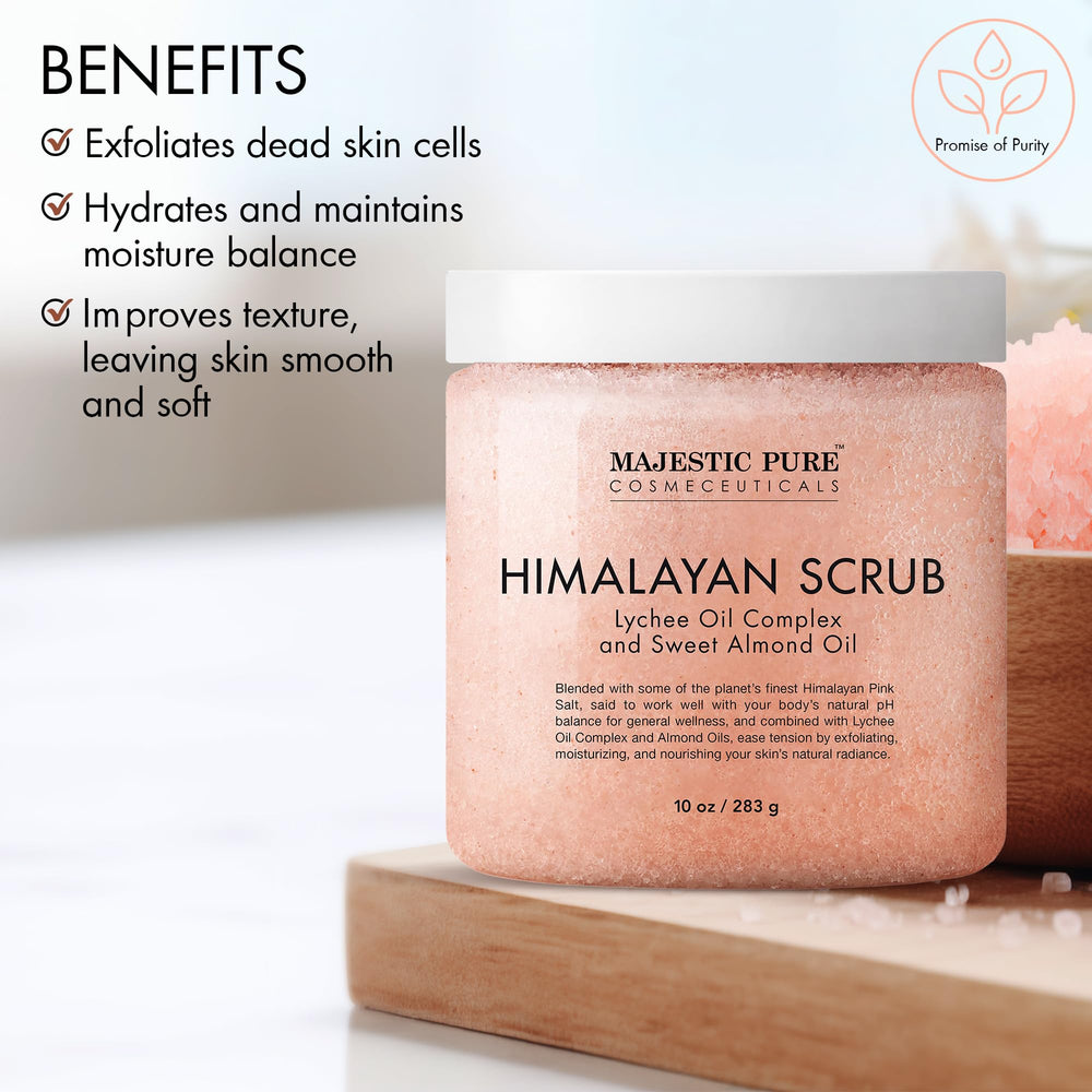 Majestic Pure Himalayan Salt Scrub packaging highlights natural ingredients and premium quality.