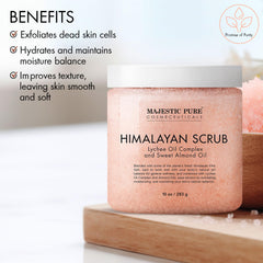 Majestic Pure Himalayan Salt Scrub packaging highlights natural ingredients and premium quality.