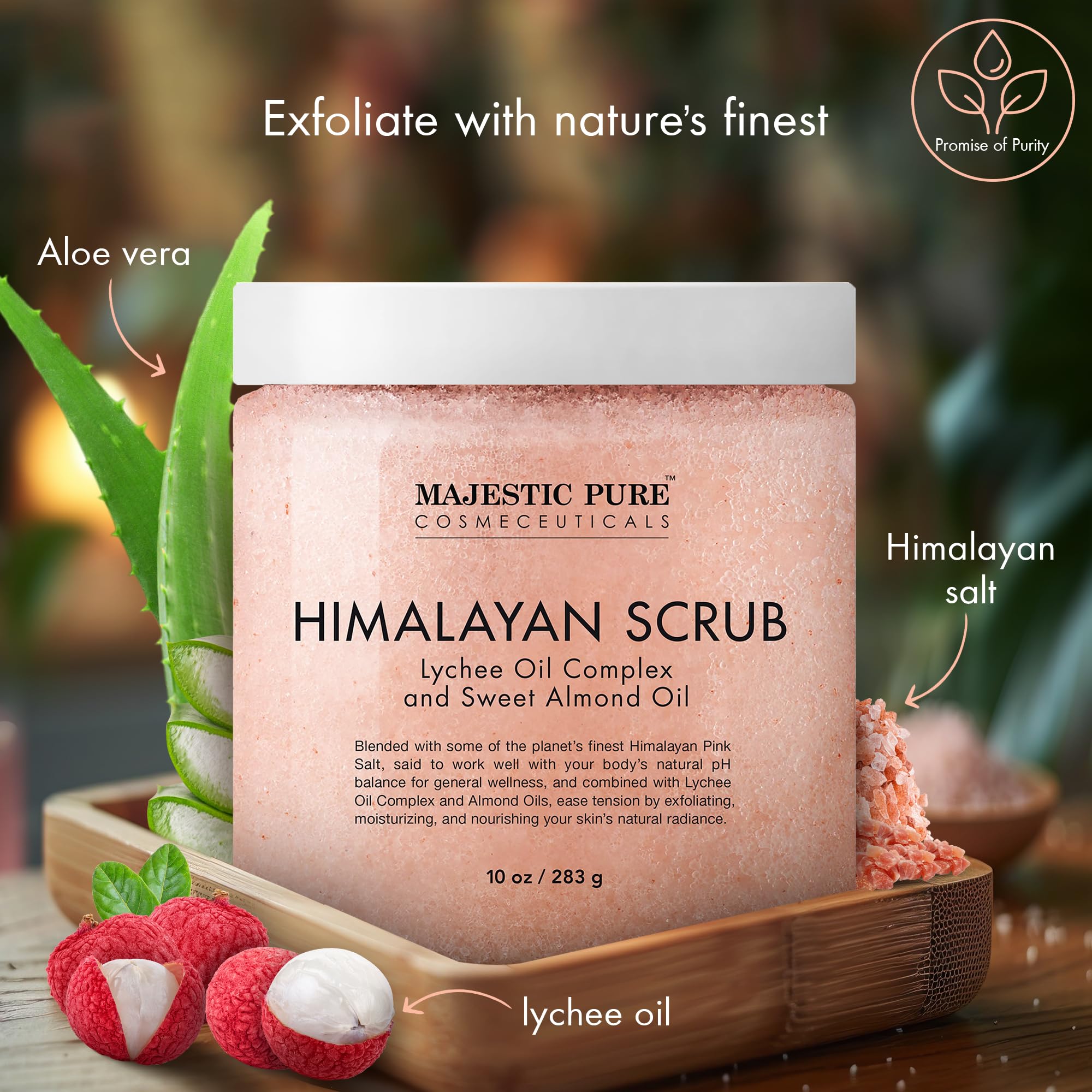 Majestic Pure Himalayan Salt Scrub scoop demonstrates easy portioning for convenient exfoliation.