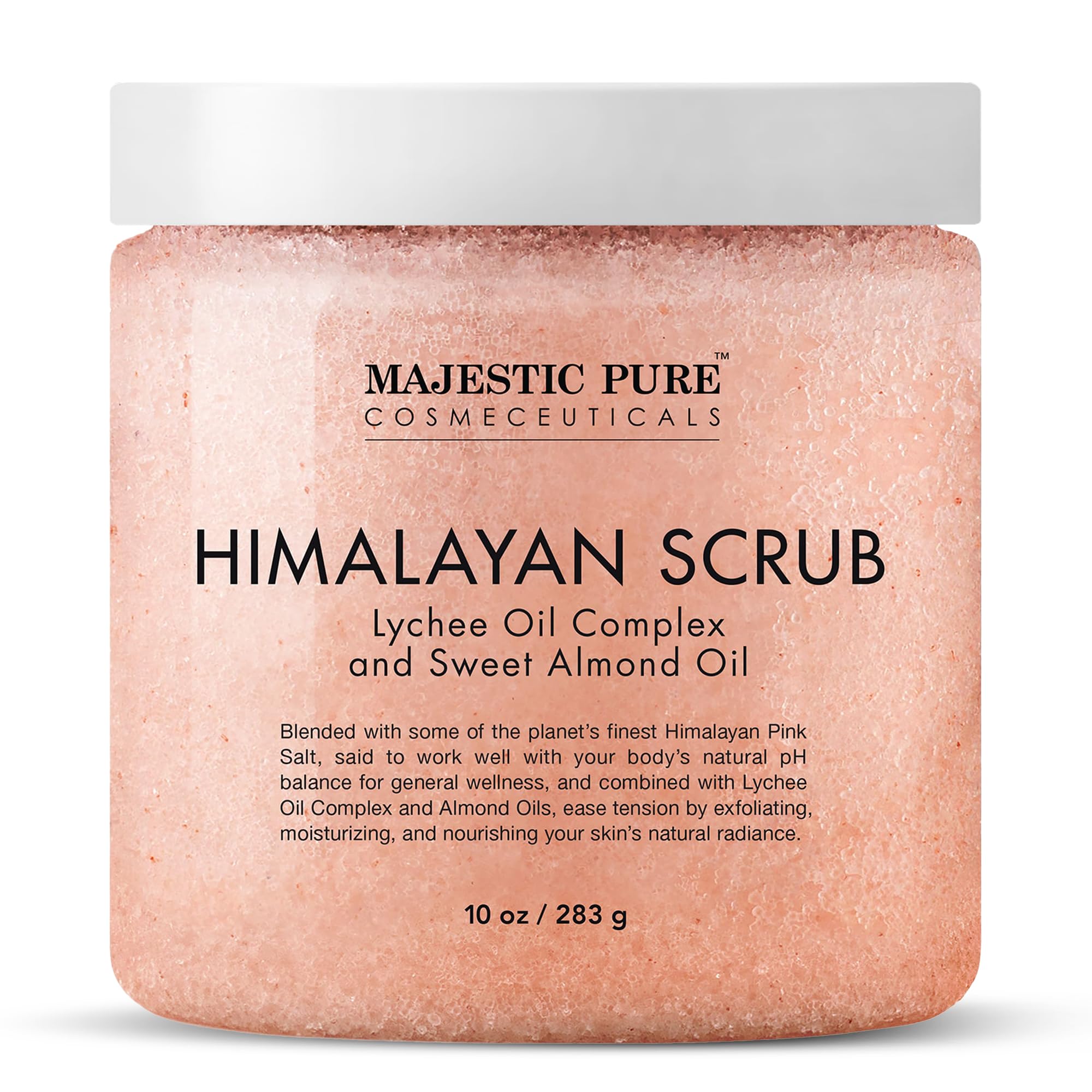 Majestic Pure Himalayan Salt Scrub with Lychee Oil tub showcases exfoliation for smoother skin.