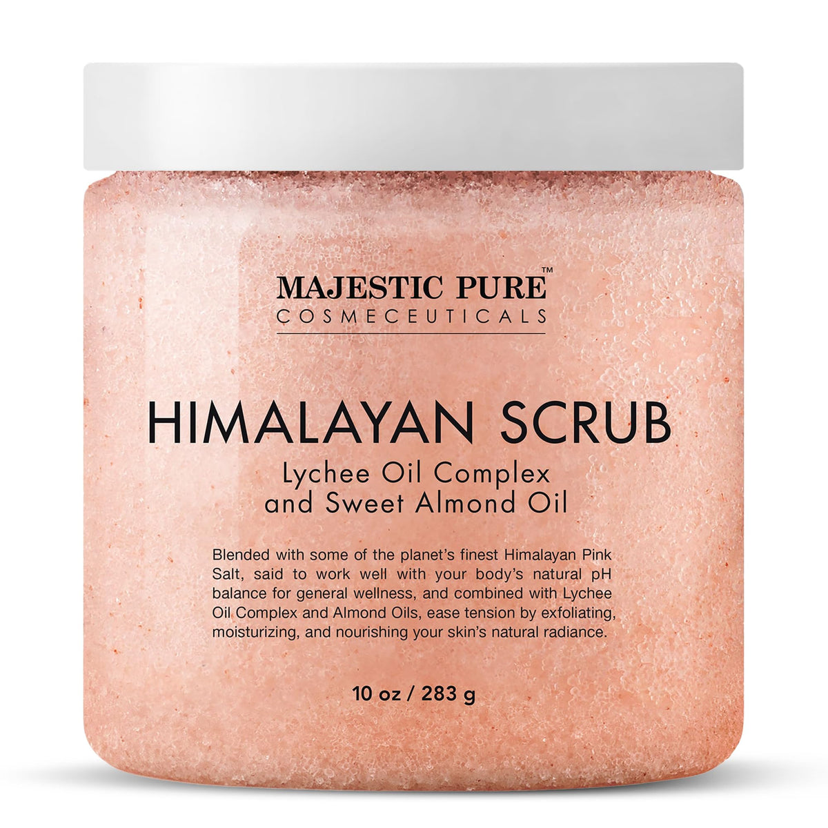 Majestic Pure Himalayan Salt Scrub with Lychee Oil tub showcases exfoliation for smoother skin.