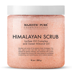 Majestic Pure Himalayan Salt Scrub with Lychee Oil tub showcases exfoliation for smoother skin.