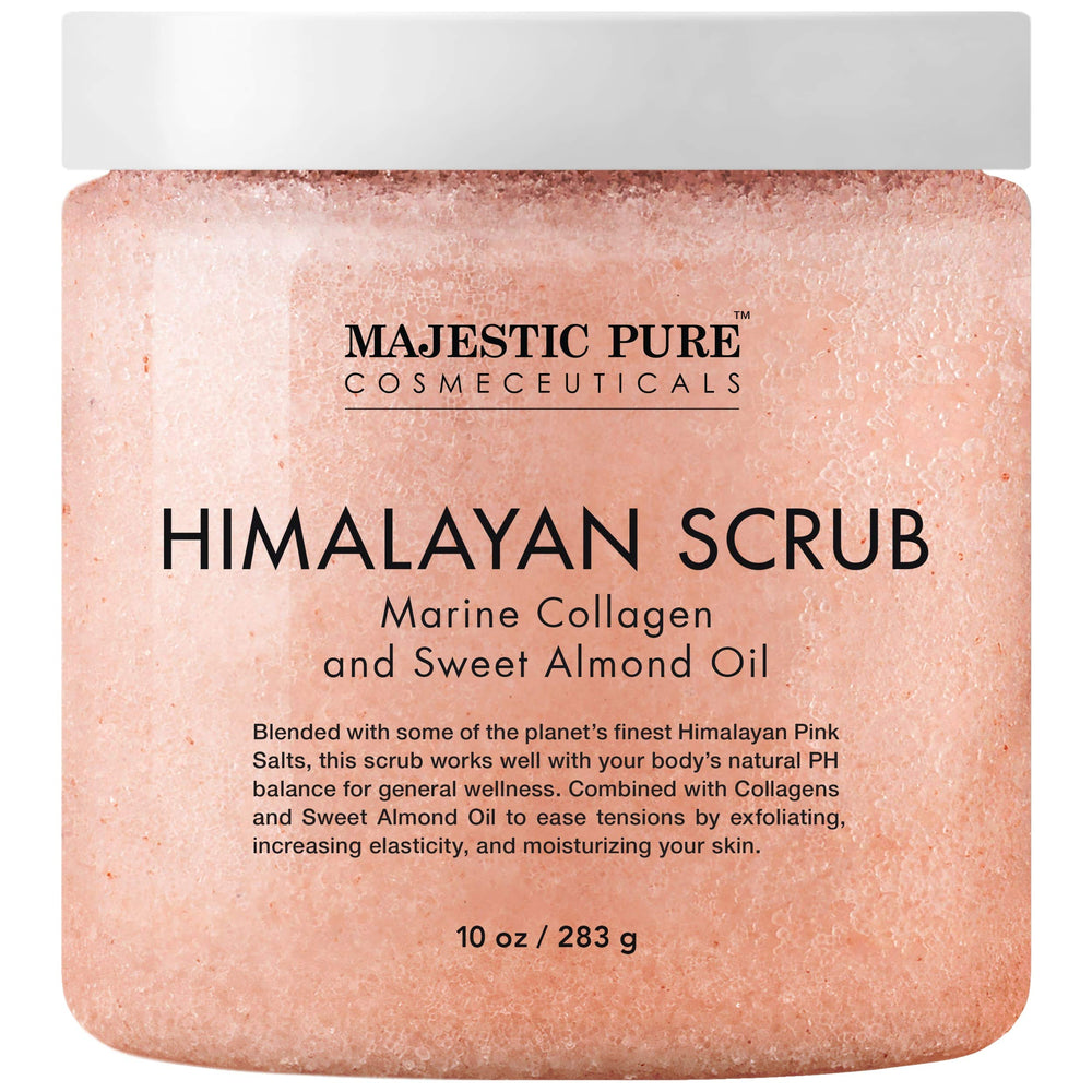 Majestic Pure Himalayan Salt Scrub jar with exfoliating crystals for smoother skin