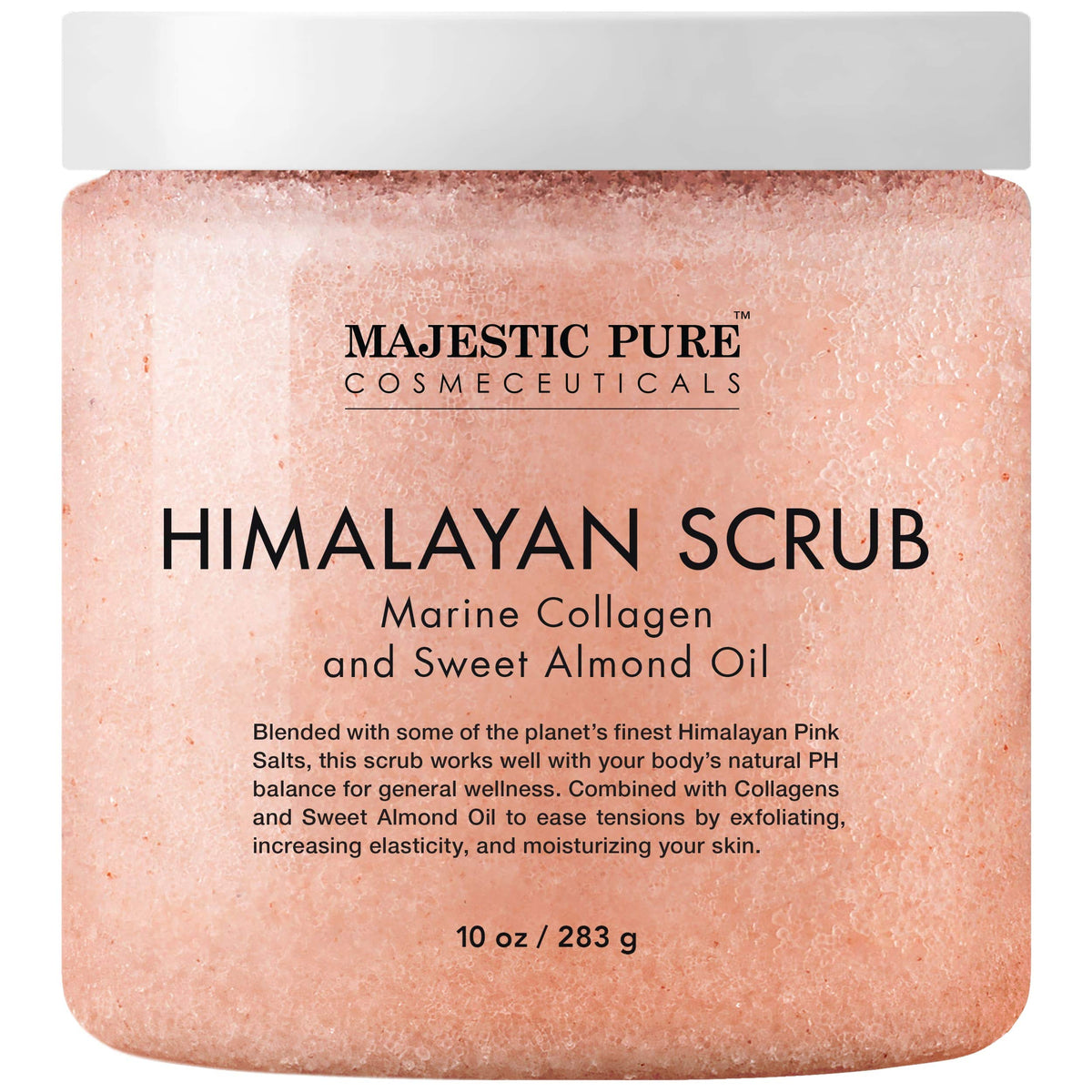 Majestic Pure Himalayan Salt Scrub jar with exfoliating crystals for smoother skin