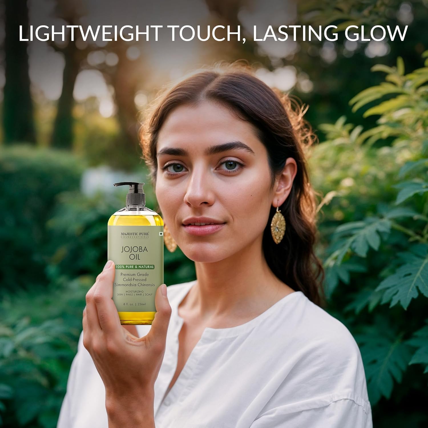 Majestic Pure Jojoba Oil amber bottle highlights hexane-free premium oil preserving nutrients.