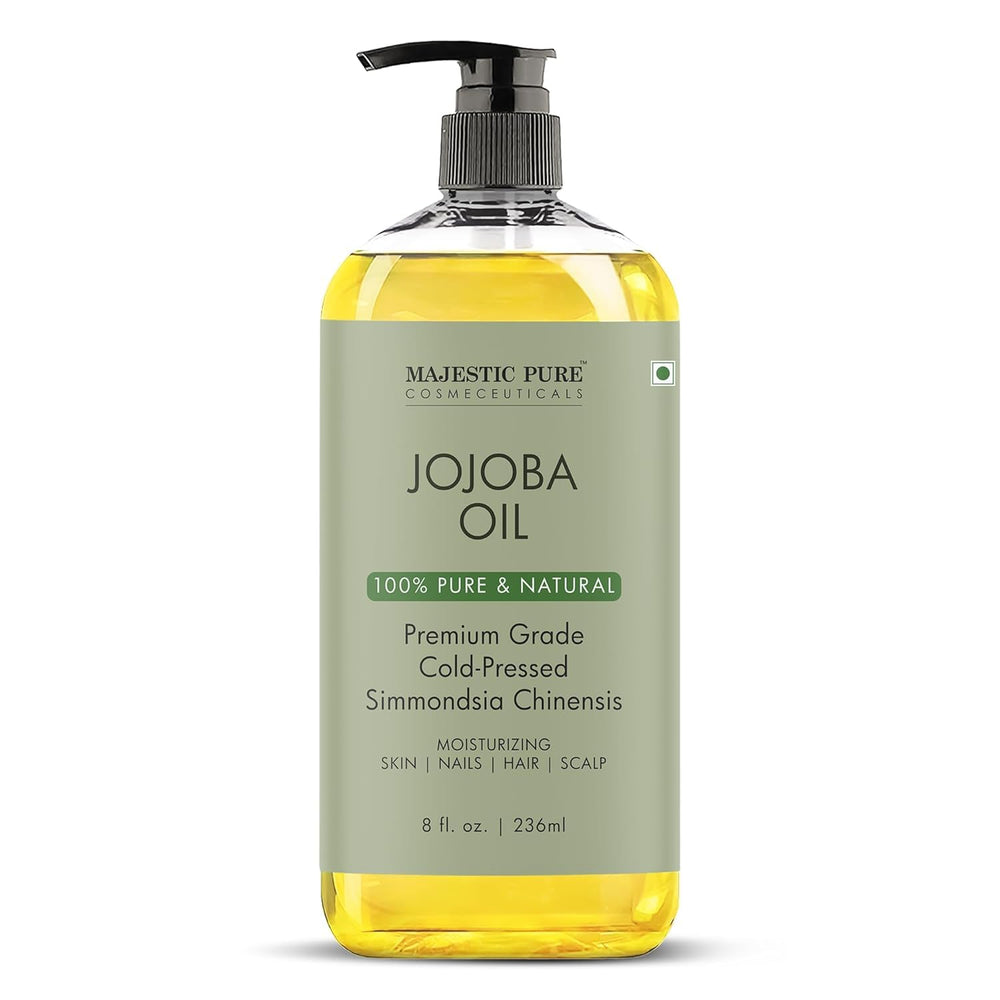 Majestic Pure Jojoba Oil bottle shows 100% pure, cold-pressed formula for daily skin hydration.
