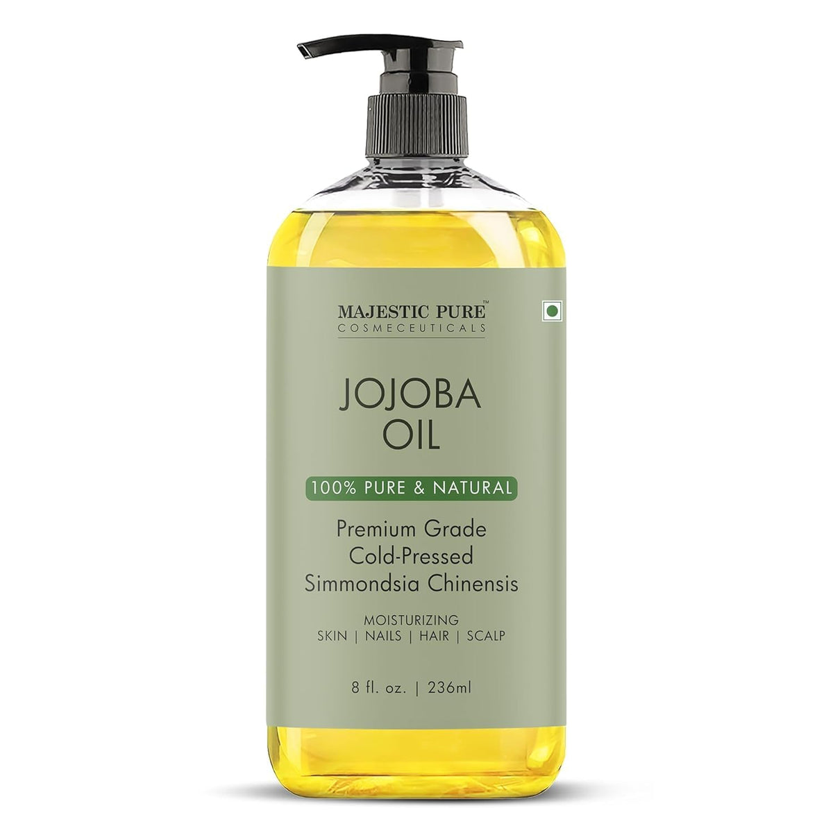 Majestic Pure Jojoba Oil bottle shows 100% pure, cold-pressed formula for daily skin hydration.
