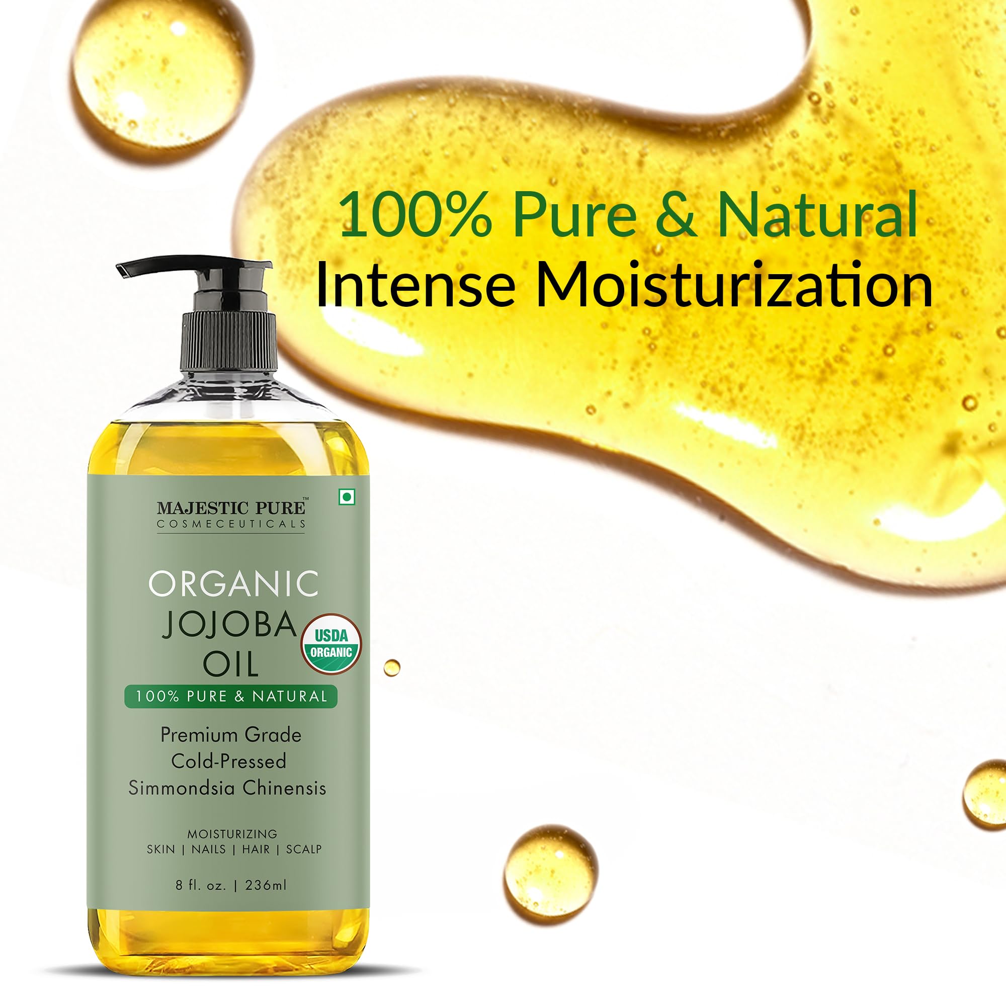Majestic Pure Jojoba Oil dropper enables precise application for face and hair care.