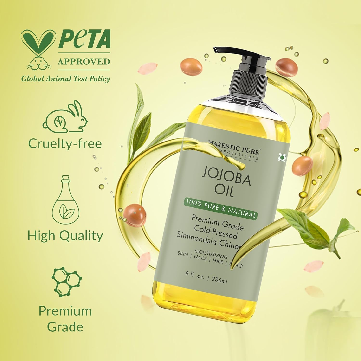 Majestic Pure Jojoba Oil for hair application offers nourishing, conditioning-like shine.