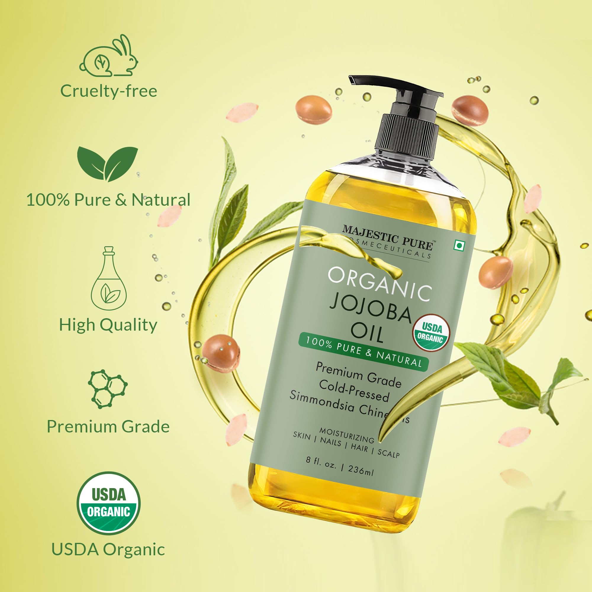 Majestic Pure Jojoba Oil hair-care shot hints at shine and smoothness.