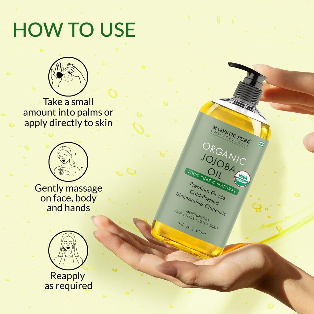Majestic Pure Jojoba Oil skin-application scene showing soft, nourished-looking skin.
