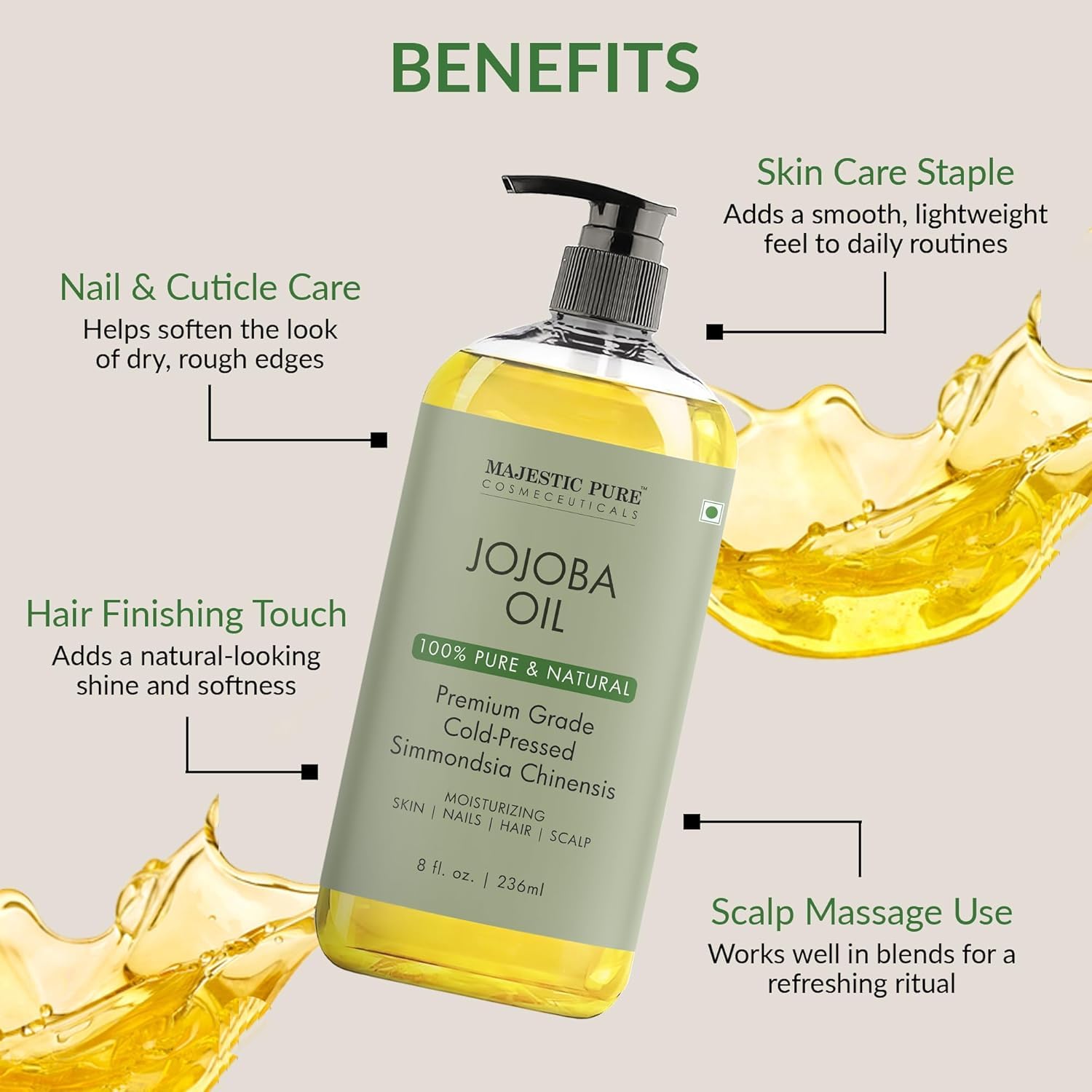 Majestic Pure Jojoba Oil on skin provides fast-absorbing moisture for dry patches.