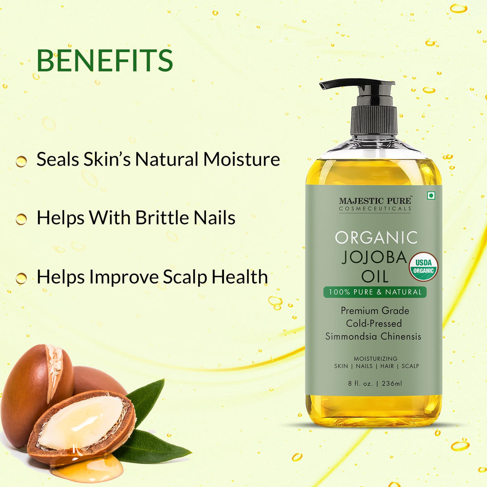 Majestic Pure Jojoba Oil texture image highlights silky absorption on skin.