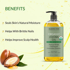 Majestic Pure Jojoba Oil texture image highlights silky absorption on skin.