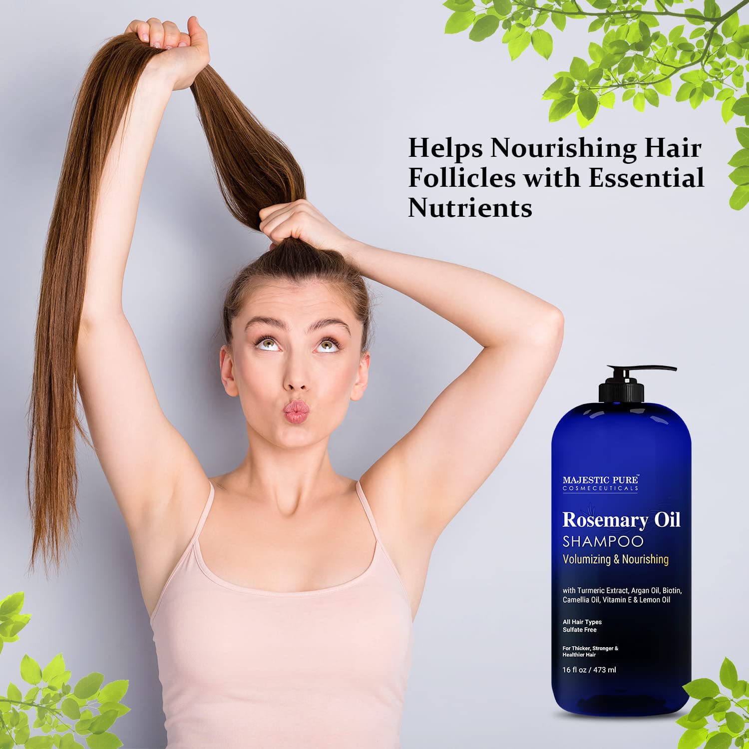 Majestic Pure shampoo ingredients highlight 2.5% rosemary oil for scalp nourishment.
