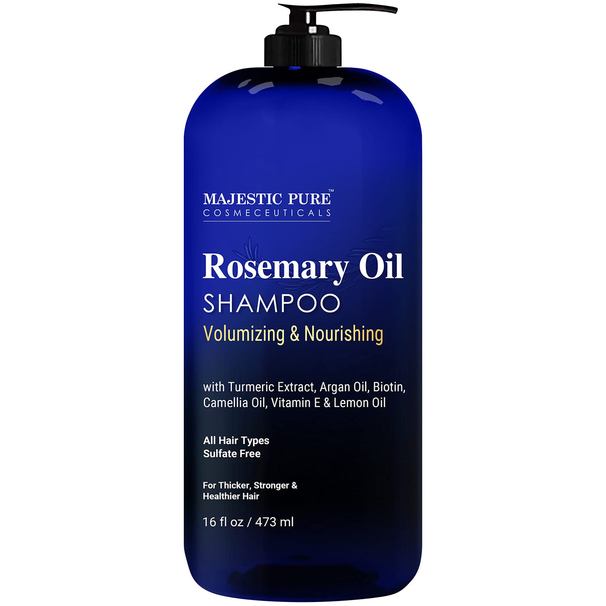 Majestic Pure Rosemary Oil Shampoo bottle shows sulfate-free formula for daily use.