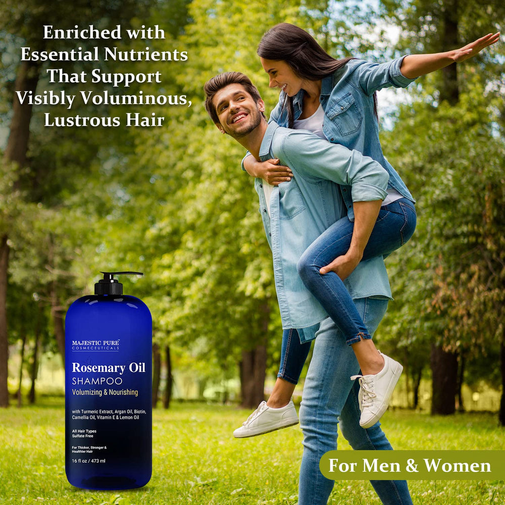 Majestic Pure rosemary shampoo scene showing daily-use routine for all hair types.
