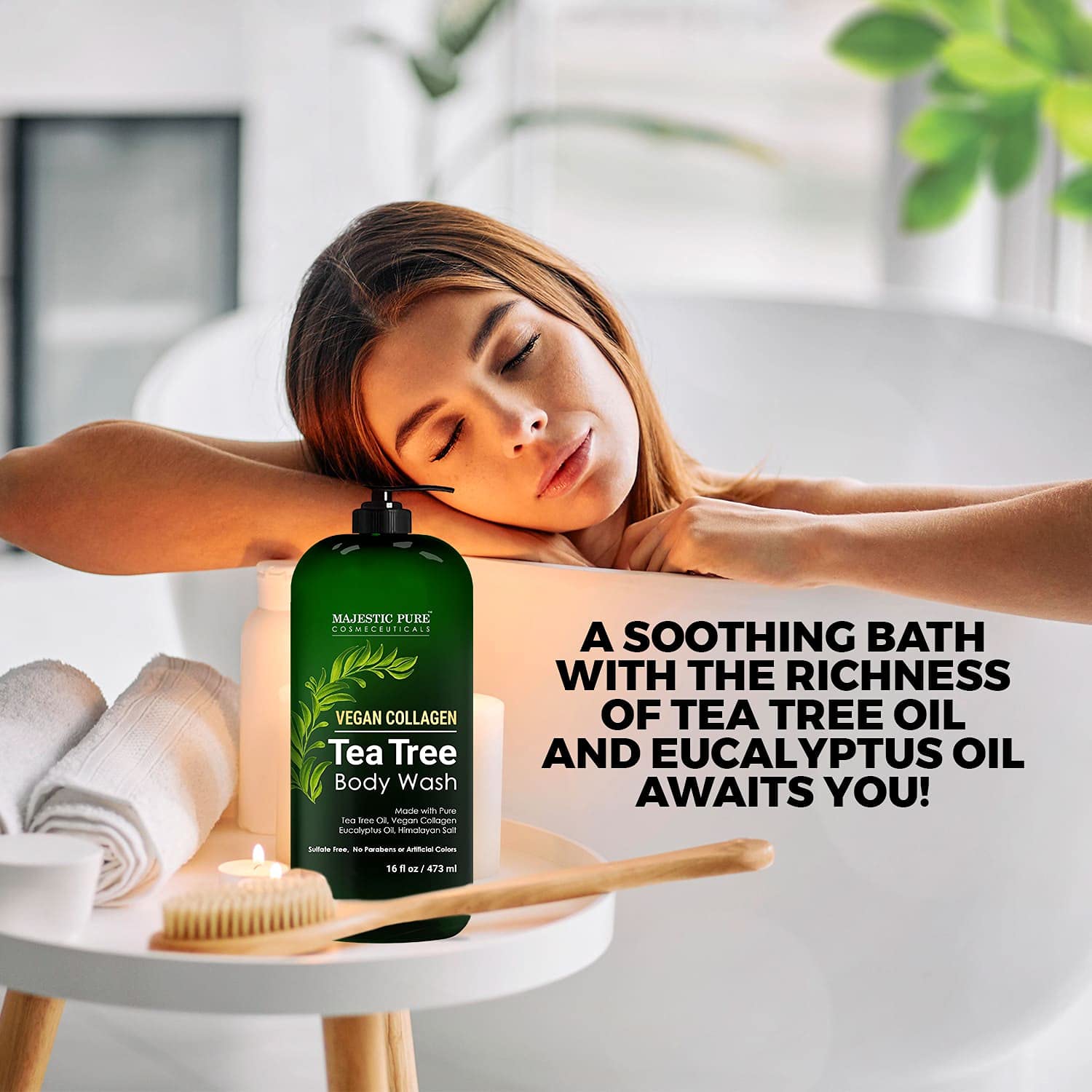 Majestic Pure Tea Tree Body Wash cruelty-free label signals ethical, plant-based cleansing.