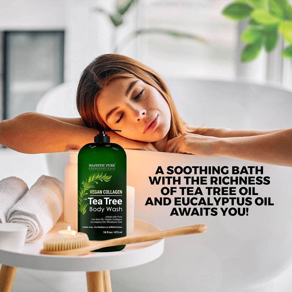 Majestic Pure Tea Tree Body Wash cruelty-free label signals ethical, plant-based cleansing.