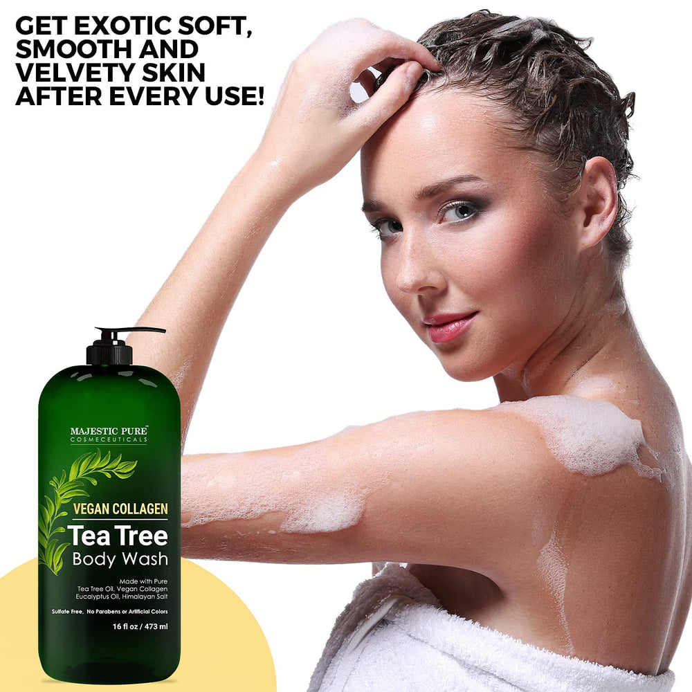 Majestic Pure Tea Tree Body Wash foam-lather demonstrates rich cleansing and soothing aroma.