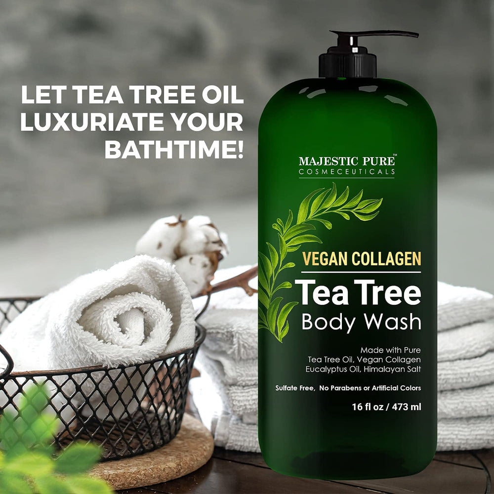 Majestic Pure Tea Tree Body Wash ingredients-tea-tree highlights pure essential oil quality.