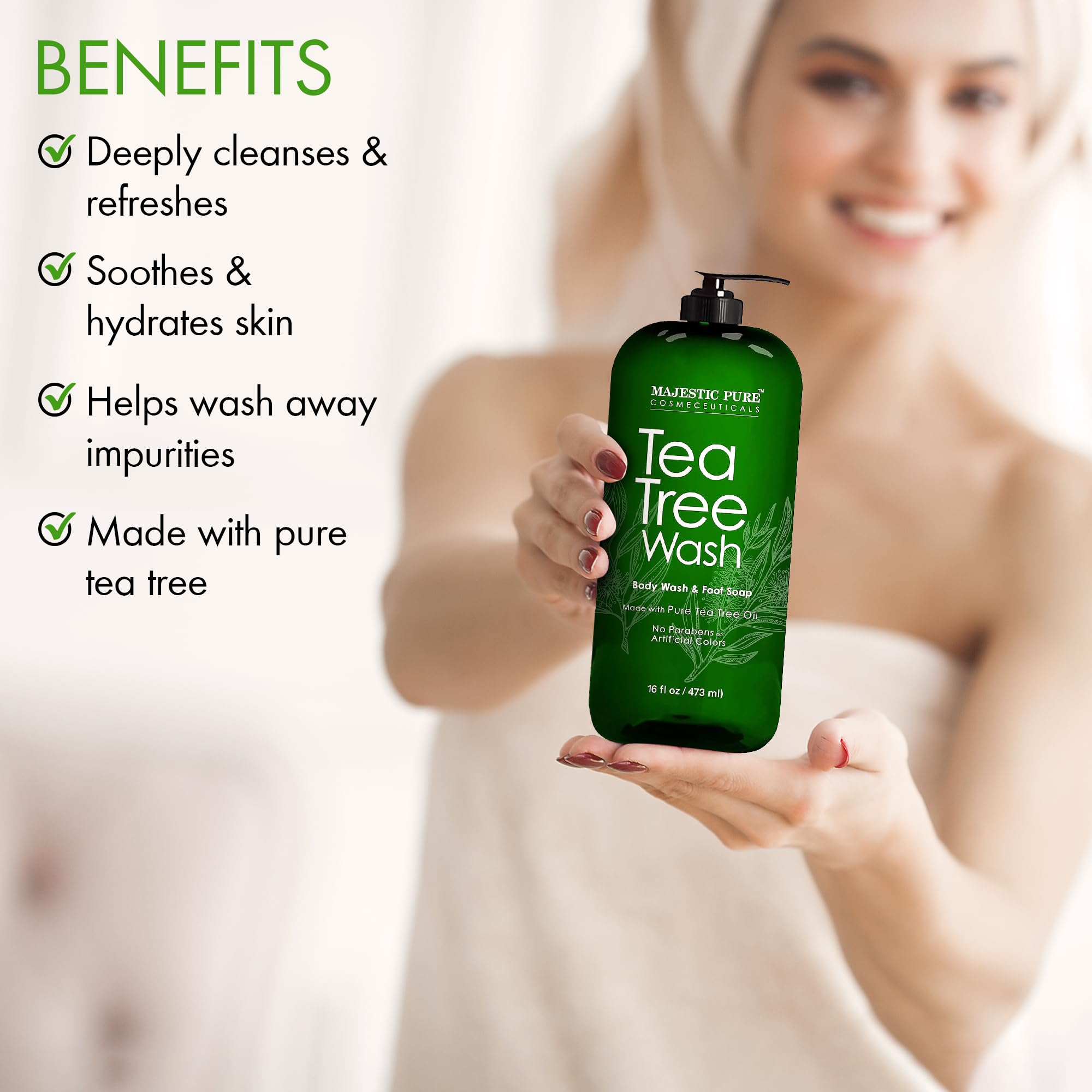 Majestic Pure Tea Tree Body Wash lather closeup highlights gentle cleansing and cooling sensation.