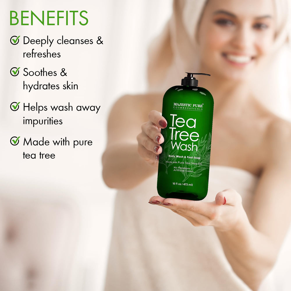 Majestic Pure Tea Tree Body Wash lather closeup highlights gentle cleansing and cooling sensation.