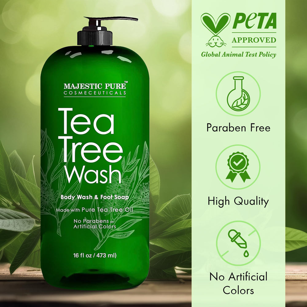 Majestic Pure Tea Tree Body Wash shea butter image emphasizes moisture for dry patches.