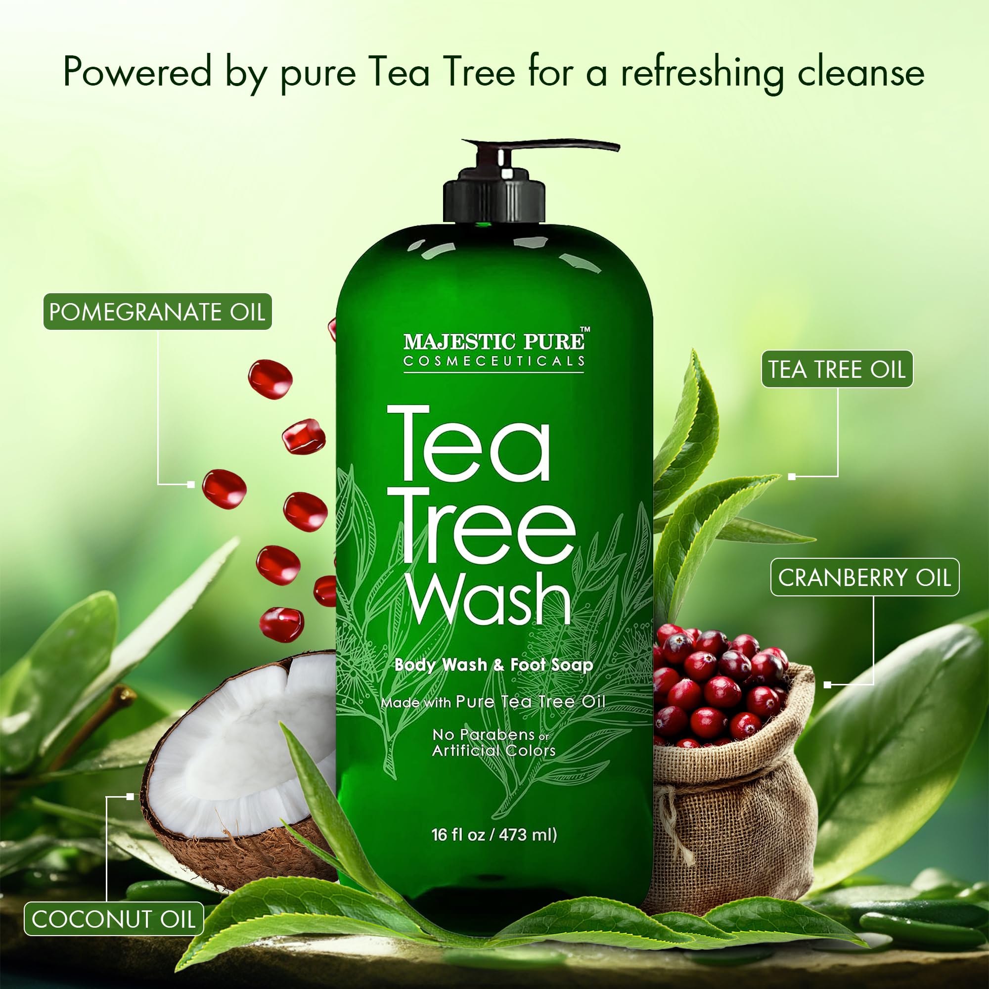 Majestic Pure Tea Tree Body Wash tea tree oil ingredient focus promotes natural skincare.