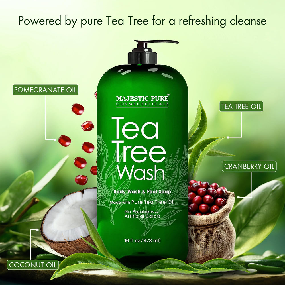 Majestic Pure Tea Tree Body Wash tea tree oil ingredient focus promotes natural skincare.