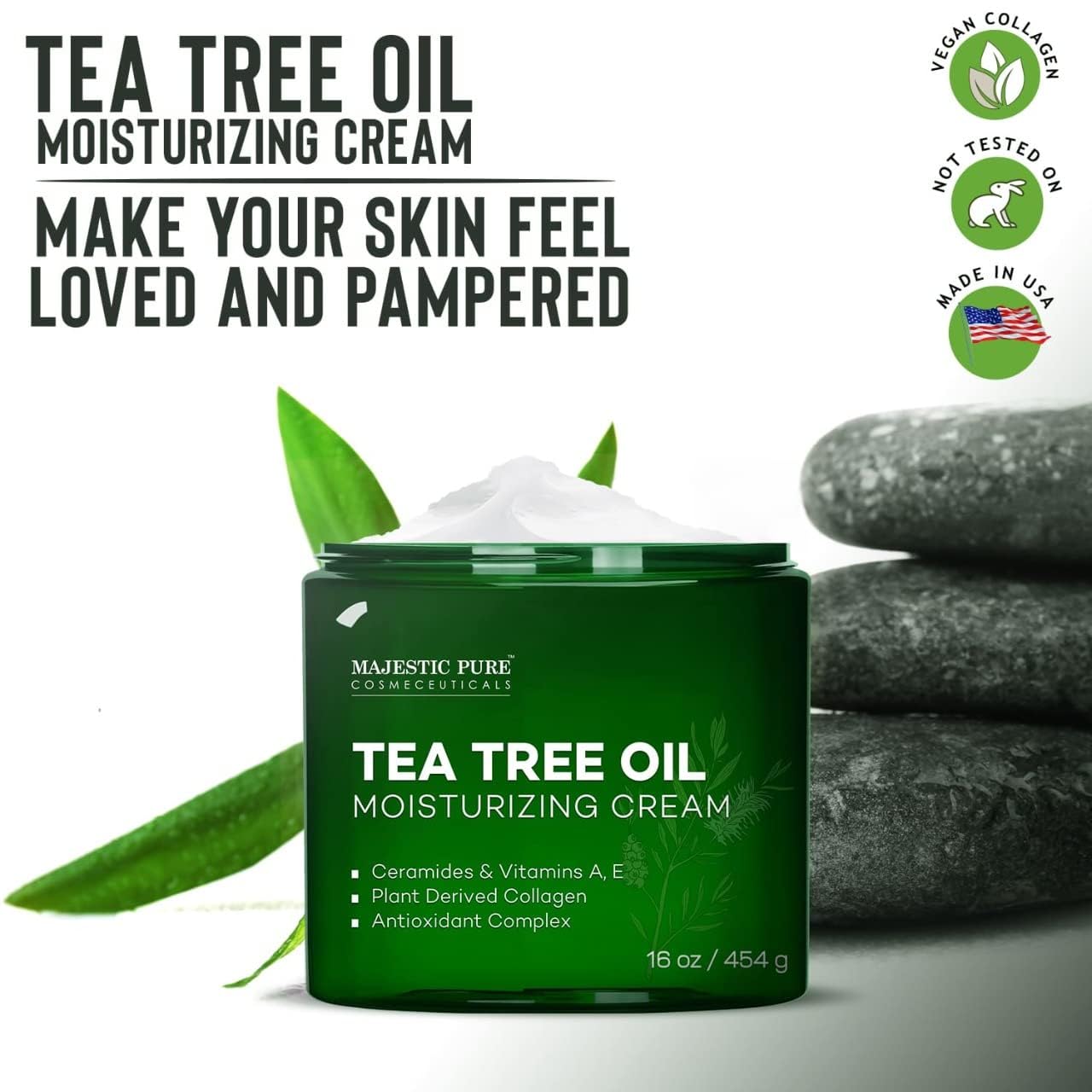 Majestic Pure Tea Tree Oil Moisturizing Cream on hands for smooth non-greasy hydration