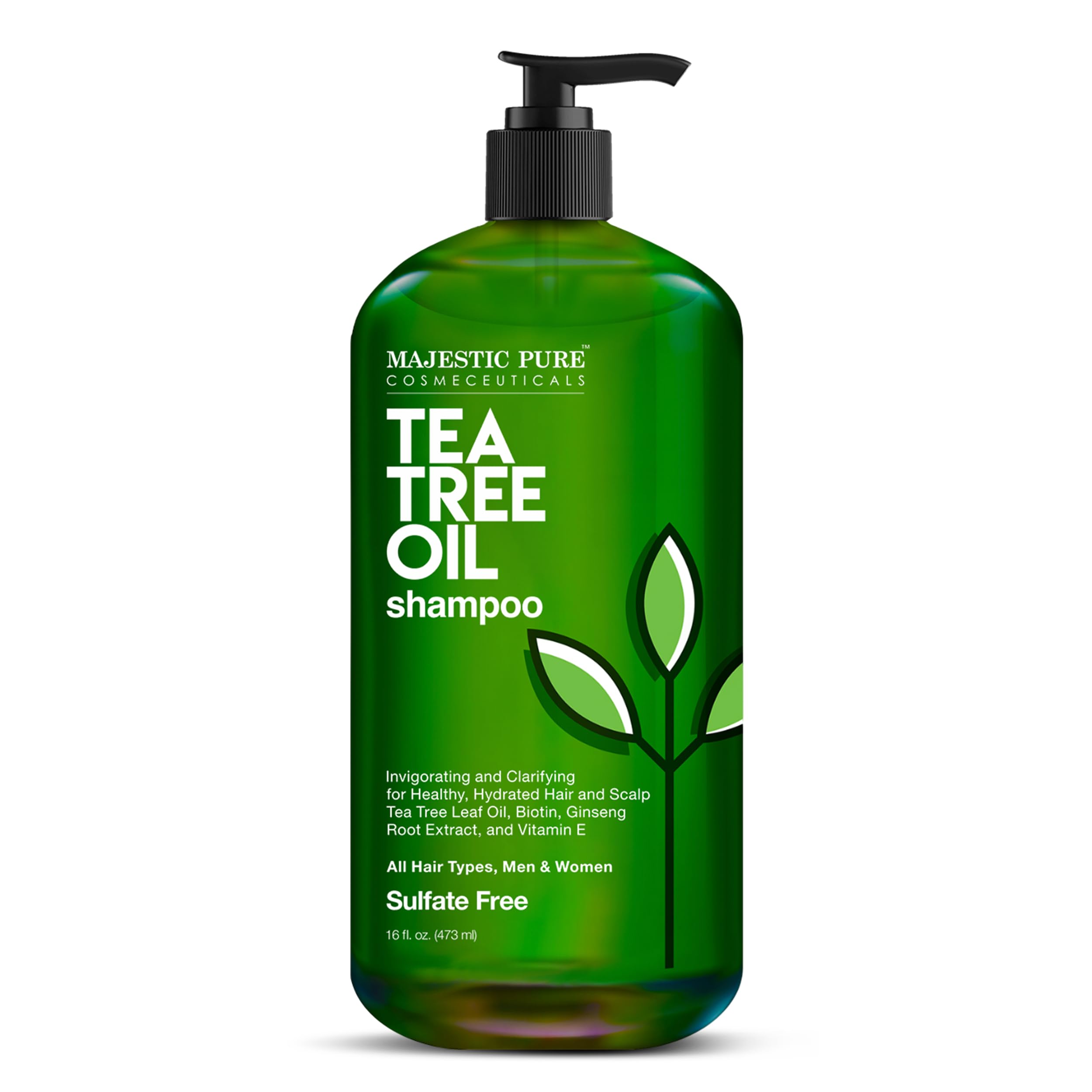 Majestic Pure Tea Tree Shampoo bottle front with sulfate-free formula for refreshingly clean hair