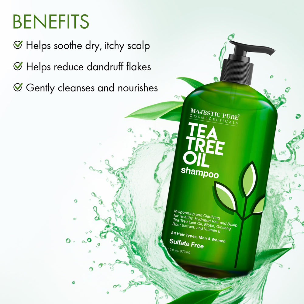 Majestic Pure Tea Tree Shampoo bottle in sink scene for everyday cleansing and scalp care